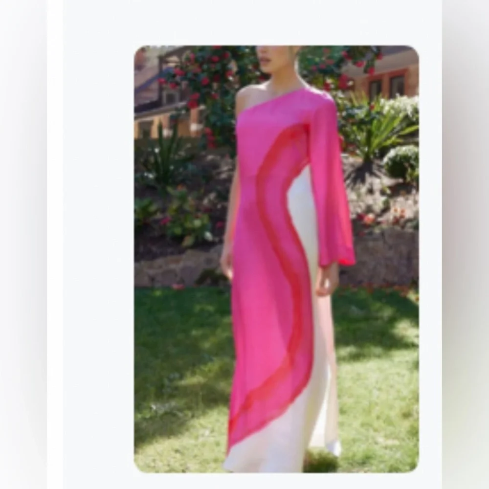 NEW • Australian Designer Elegant Pink, Red & White One-Shoulder Maxi Dress - Picture 2 of 12